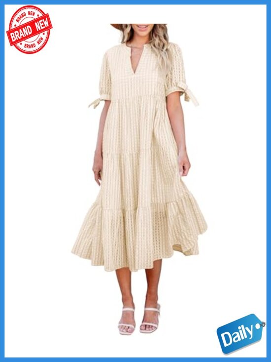 Dresses & Skirts - Women's V-Neck Empire Waist Midi Dress: Short Puff Sleeve Tiered Gingham